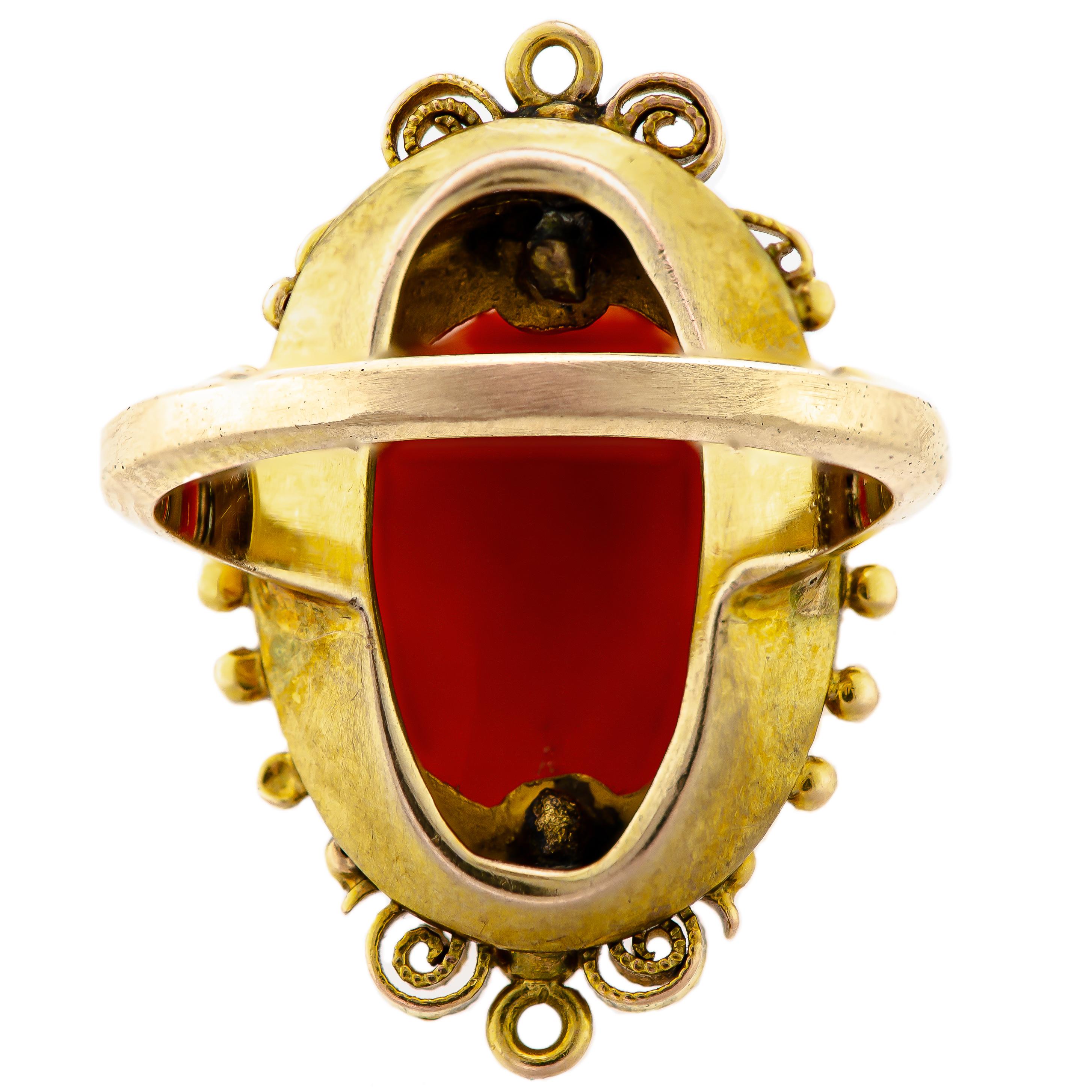 Portrait Cut Antique Victorian 14kt Yellow Gold and Coral Cameo Ring For Sale