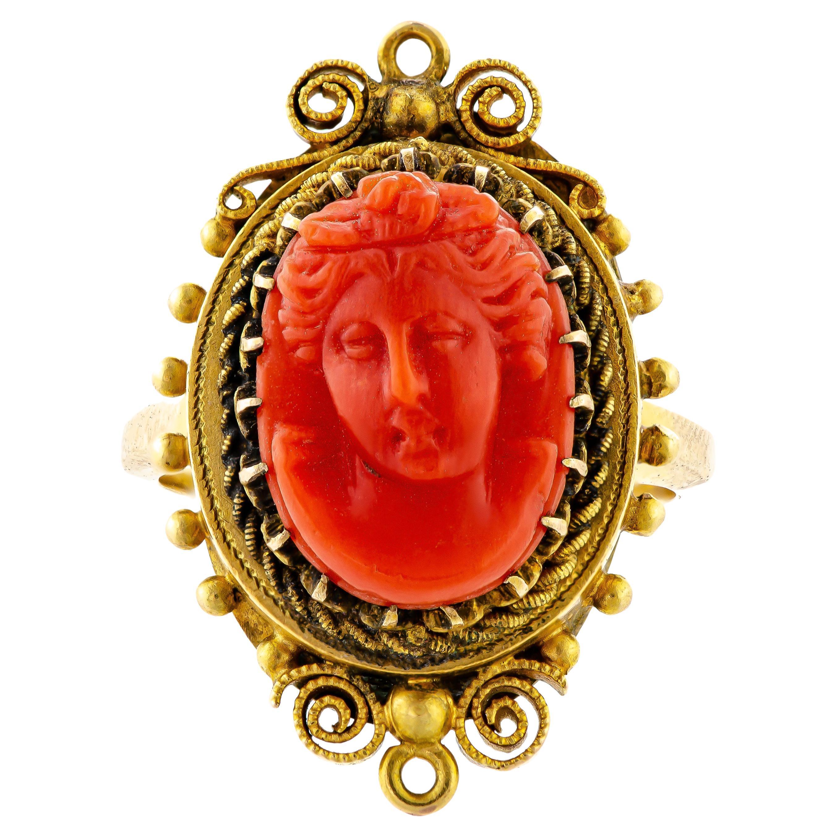 Antique Victorian 14kt Yellow Gold and Coral Cameo Ring For Sale