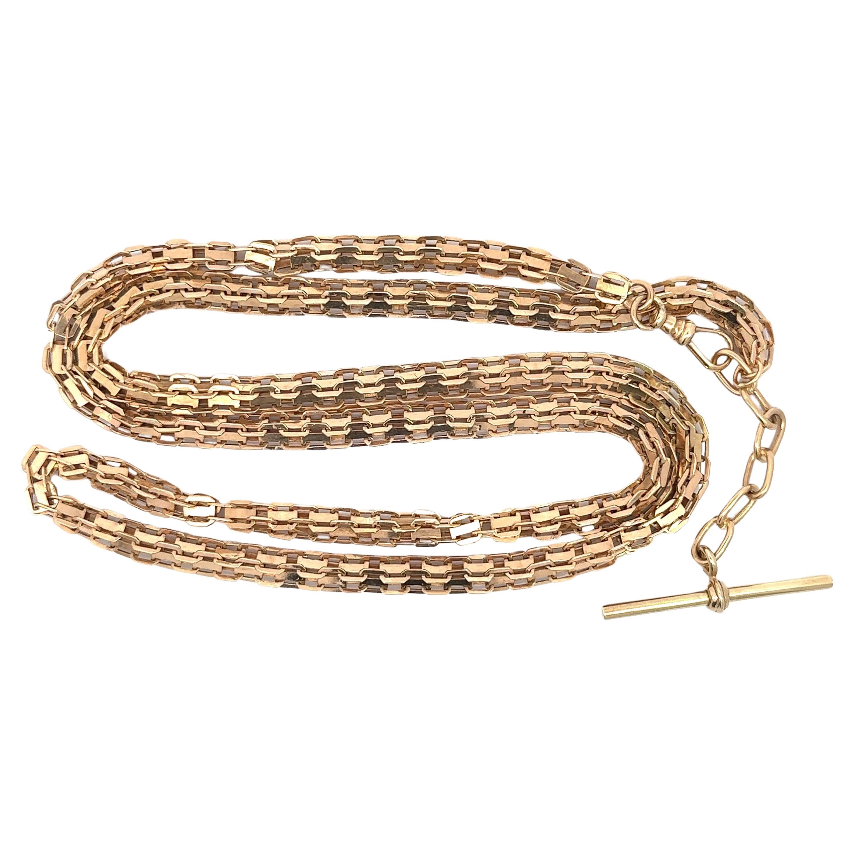 Antique Chaîne Victorienne en Or Jaune 14KT avec Barre en T 28 Inches de Long Bon état - En vente à Los Angeles, CA