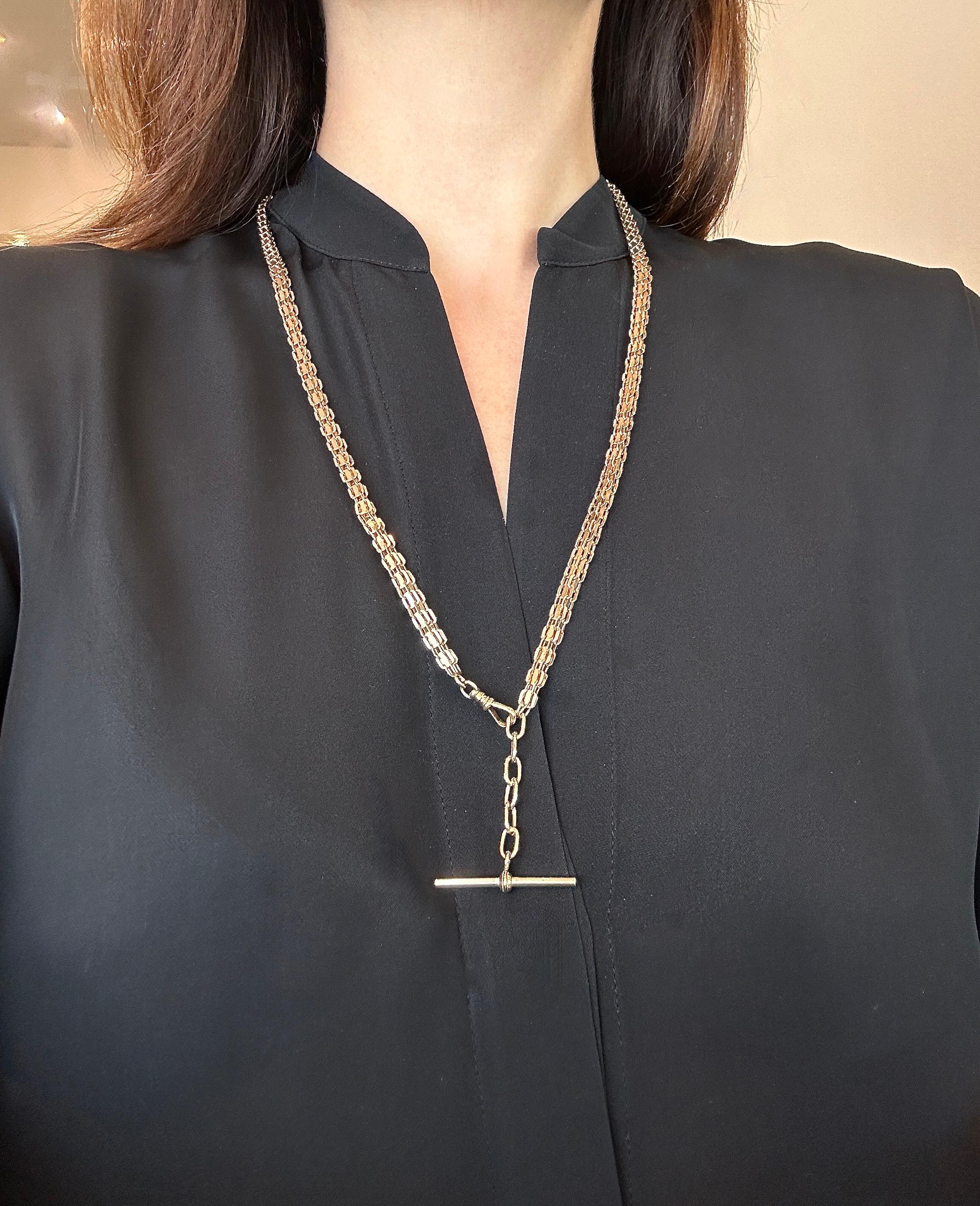 Antique Chaîne Victorienne en Or Jaune 14KT avec Barre en T 28 Inches de Long en vente 1