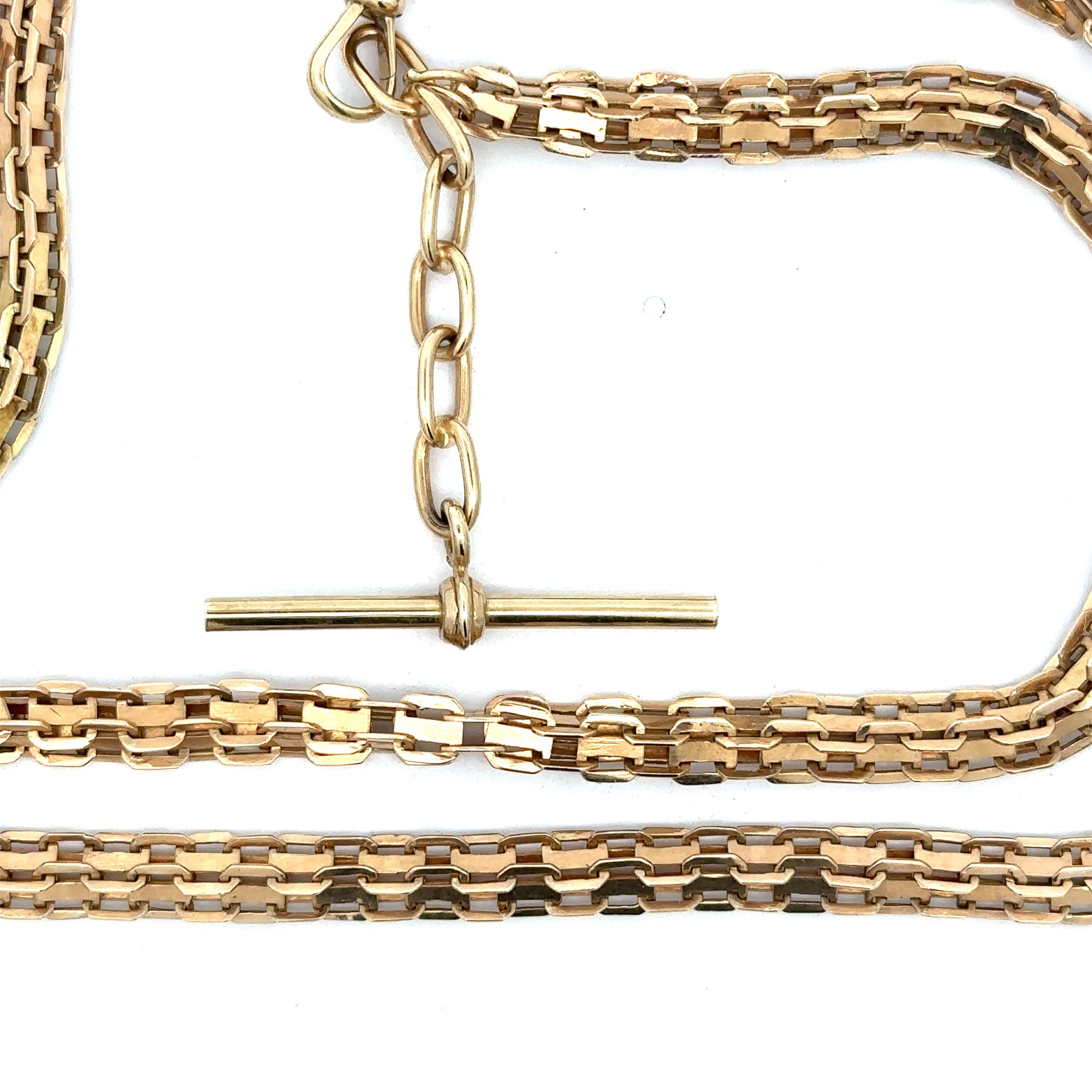 Antique Chaîne Victorienne en Or Jaune 14KT avec Barre en T 28 Inches de Long en vente 2
