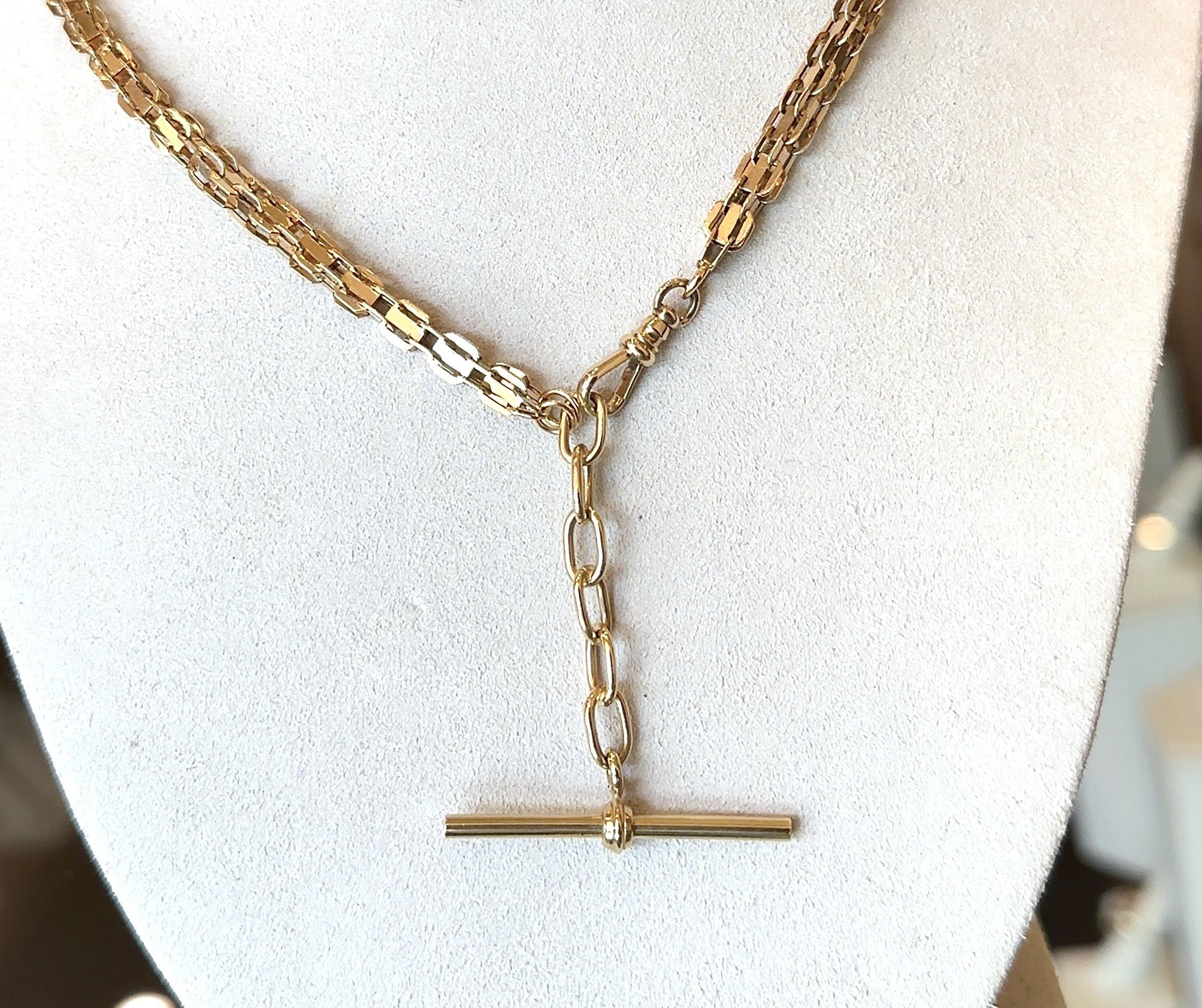 Antique Chaîne Victorienne en Or Jaune 14KT avec Barre en T 28 Inches de Long en vente 3
