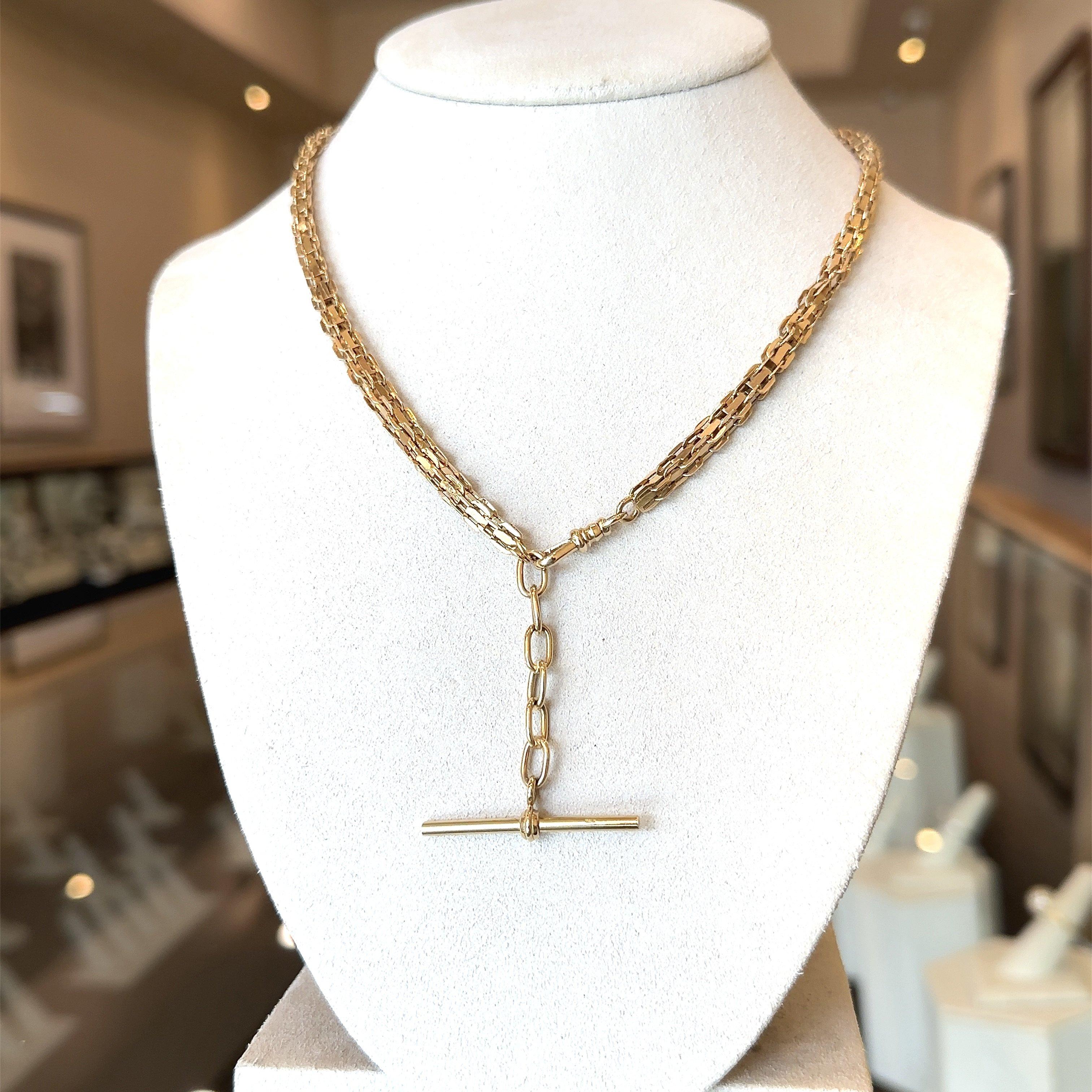 Antique Chaîne Victorienne en Or Jaune 14KT avec Barre en T 28 Inches de Long en vente 4