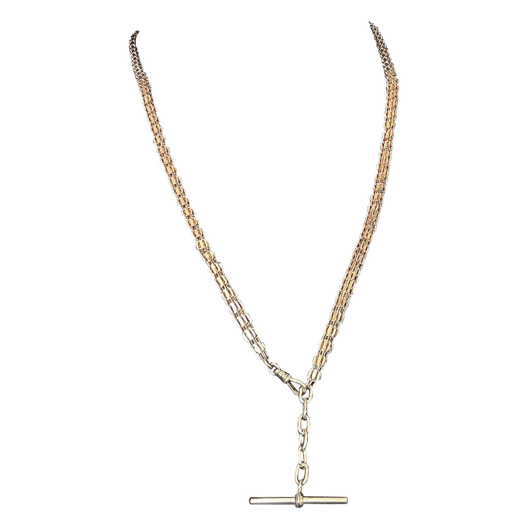 Antique Chaîne Victorienne en Or Jaune 14KT avec Barre en T 28 Inches de Long