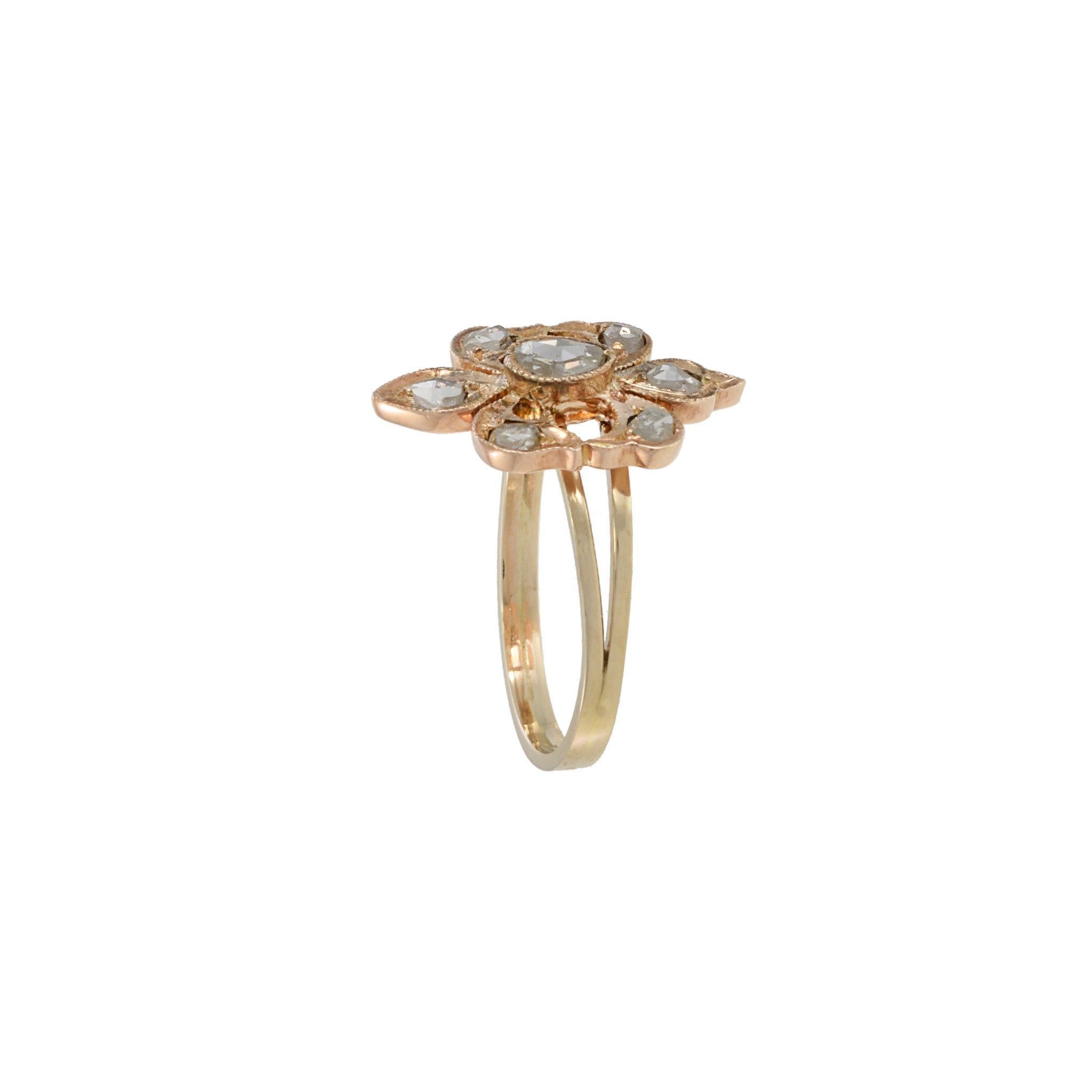 Victorien Bague victorienne ancienne Fleur-de-Lis en or jaune 14KT avec diamant taillé en rose en vente