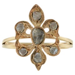 Bague victorienne ancienne Fleur-de-Lis en or jaune 14KT avec diamant taillé en rose