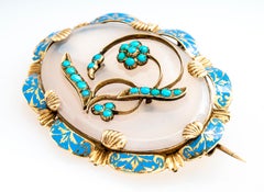 Victorian 14 Karat Yellow Chalcedony and Turquoise Enamel Brooch Pendant