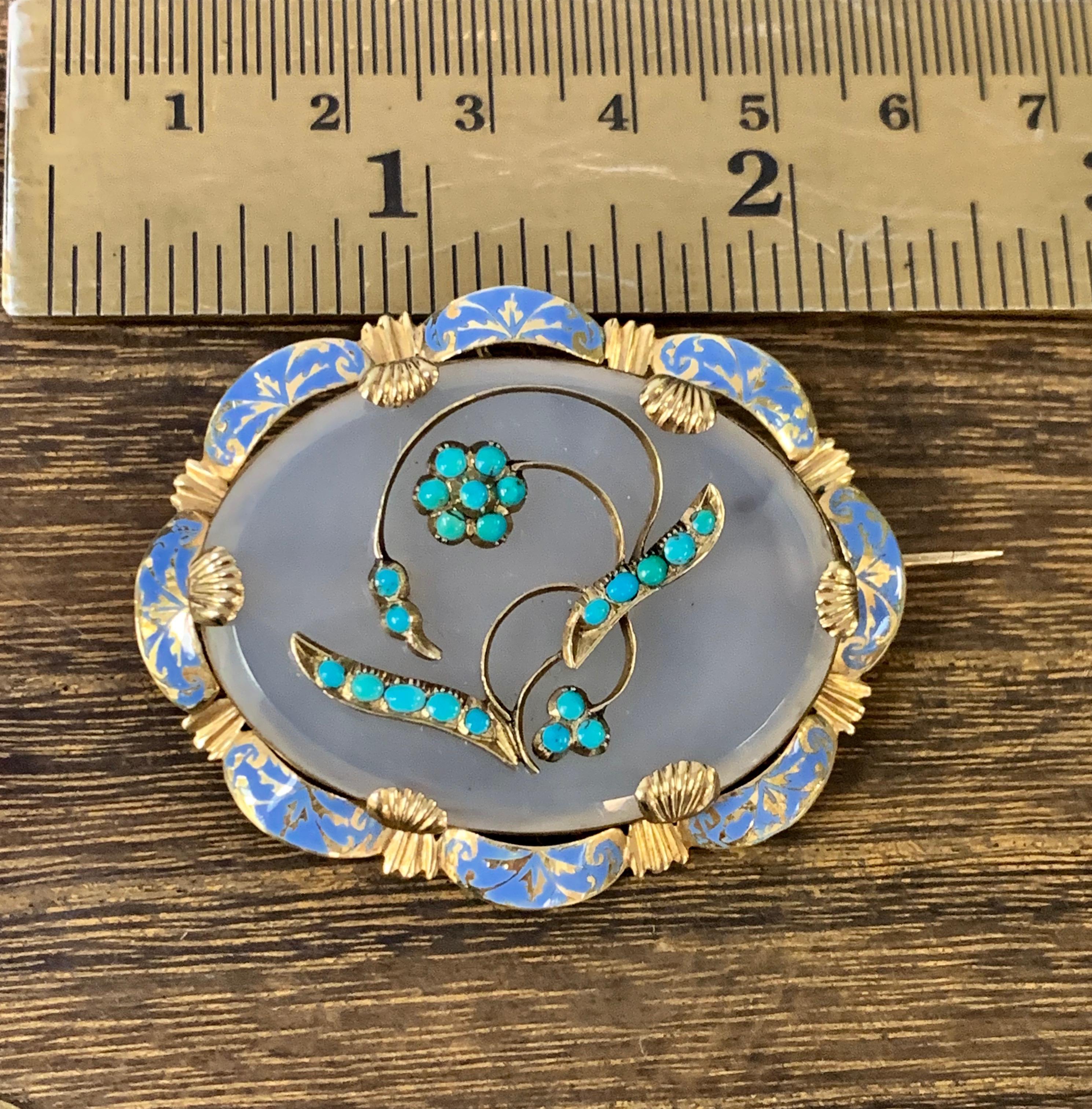 Women's or Men's Victorian 14 Karat Yellow Chalcedony and Turquoise Enamel Brooch Pendant For Sale