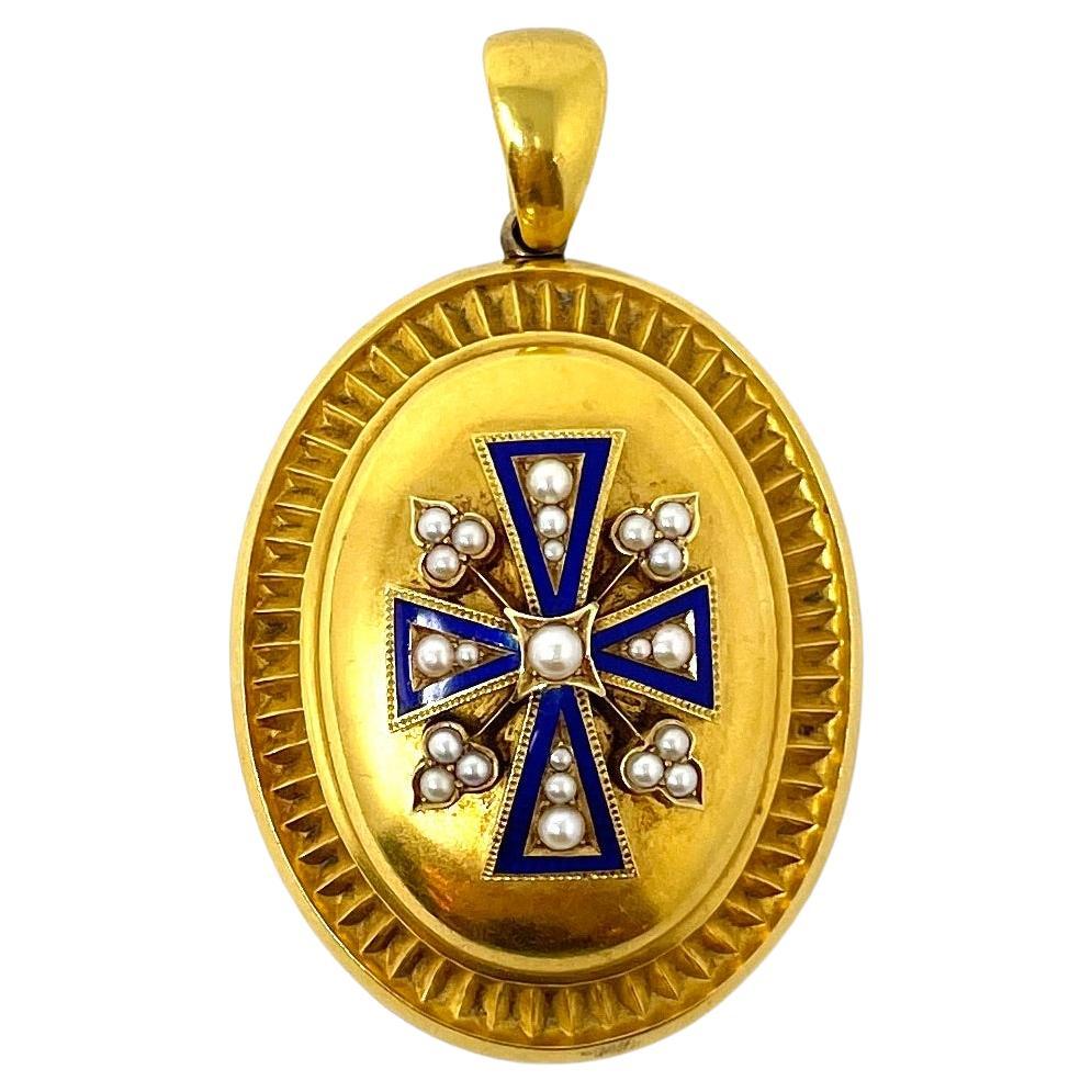 Antique Victorian 15 Carat Gold, Enamel and Pearl Locket