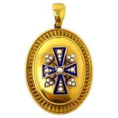 Antique Victorian 15 Carat Gold, Enamel and Pearl Locket