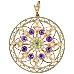 Antique Victorian 15 Carat Gold Peridot Suffragette Pendant, circa 1900