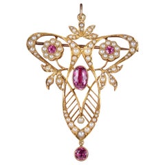 Antique Victorian 15 Carat Gold Pink Tourmaline Pearl circa 1900 Pendant Brooch