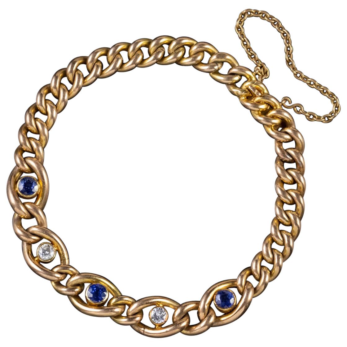Antique Victorian 15 Carat Gold Sapphire Diamond Bracelet, circa 1900 For Sale