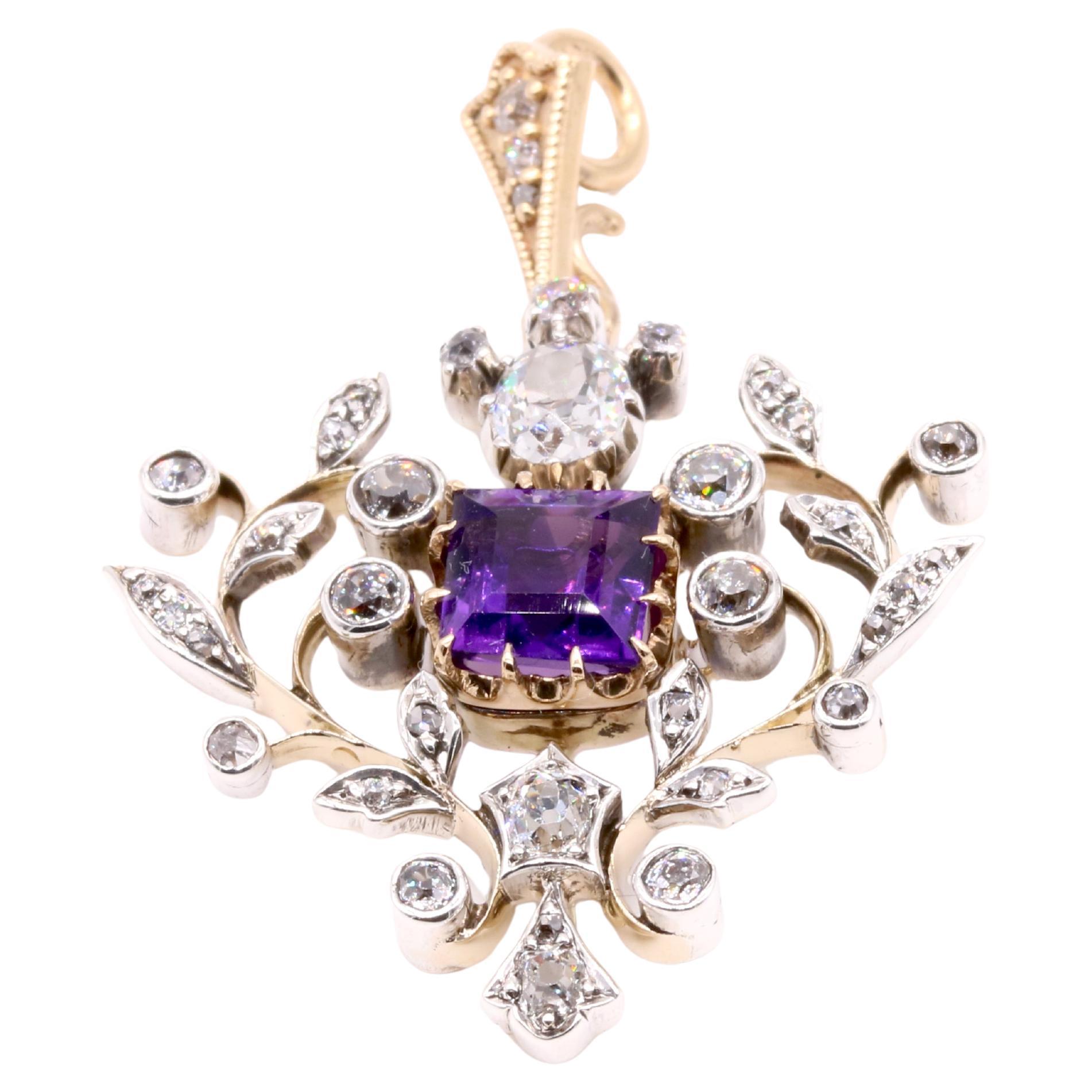 Antique Victorian 15 Gold 
Silver 2.46tgw Amethyst and Diamond Brooch Pendentif