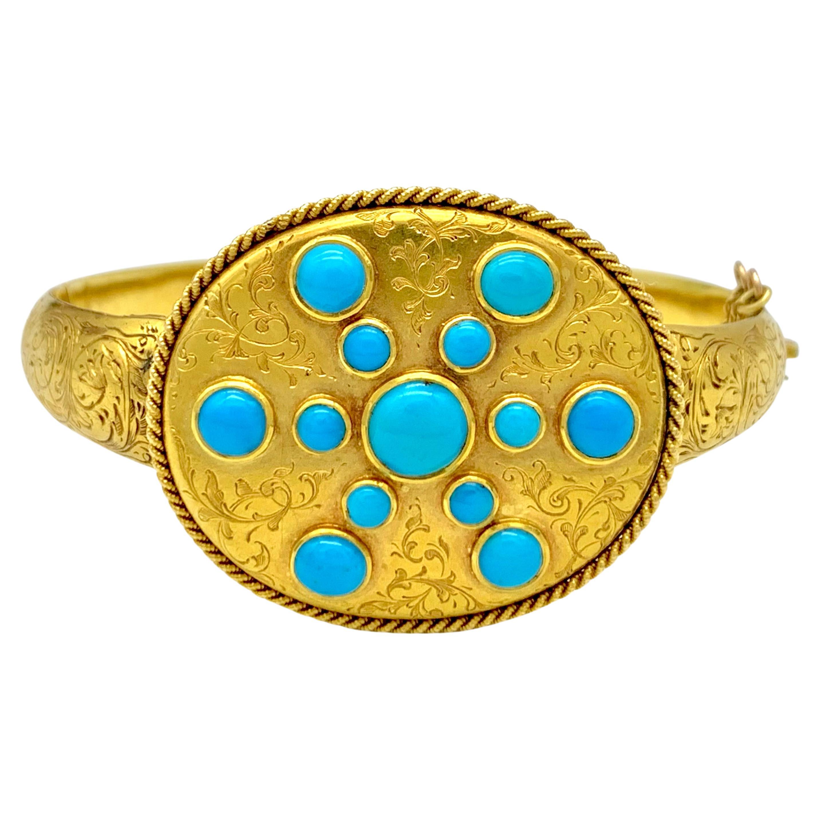 Bracelet jonc victorien ancien en or 15 carats avec étoile cabochon en turquoise en vente