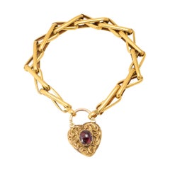 Antique Victorian 15 Karat Gold Bracelet with Garnet Heart Padlock
