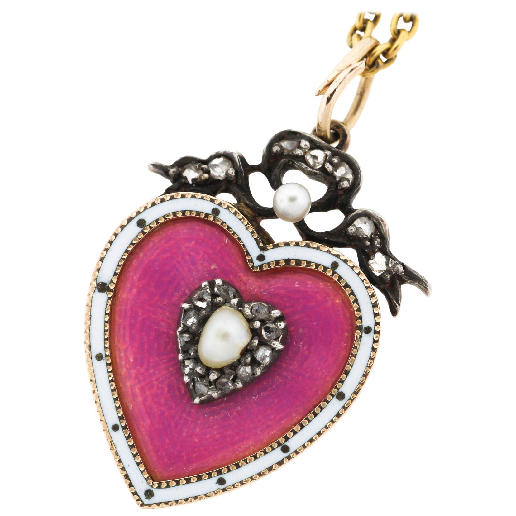 Antique Victorian 15 Karat Gold Enamel Seed Pearl Diamond Heart Pendant Necklace