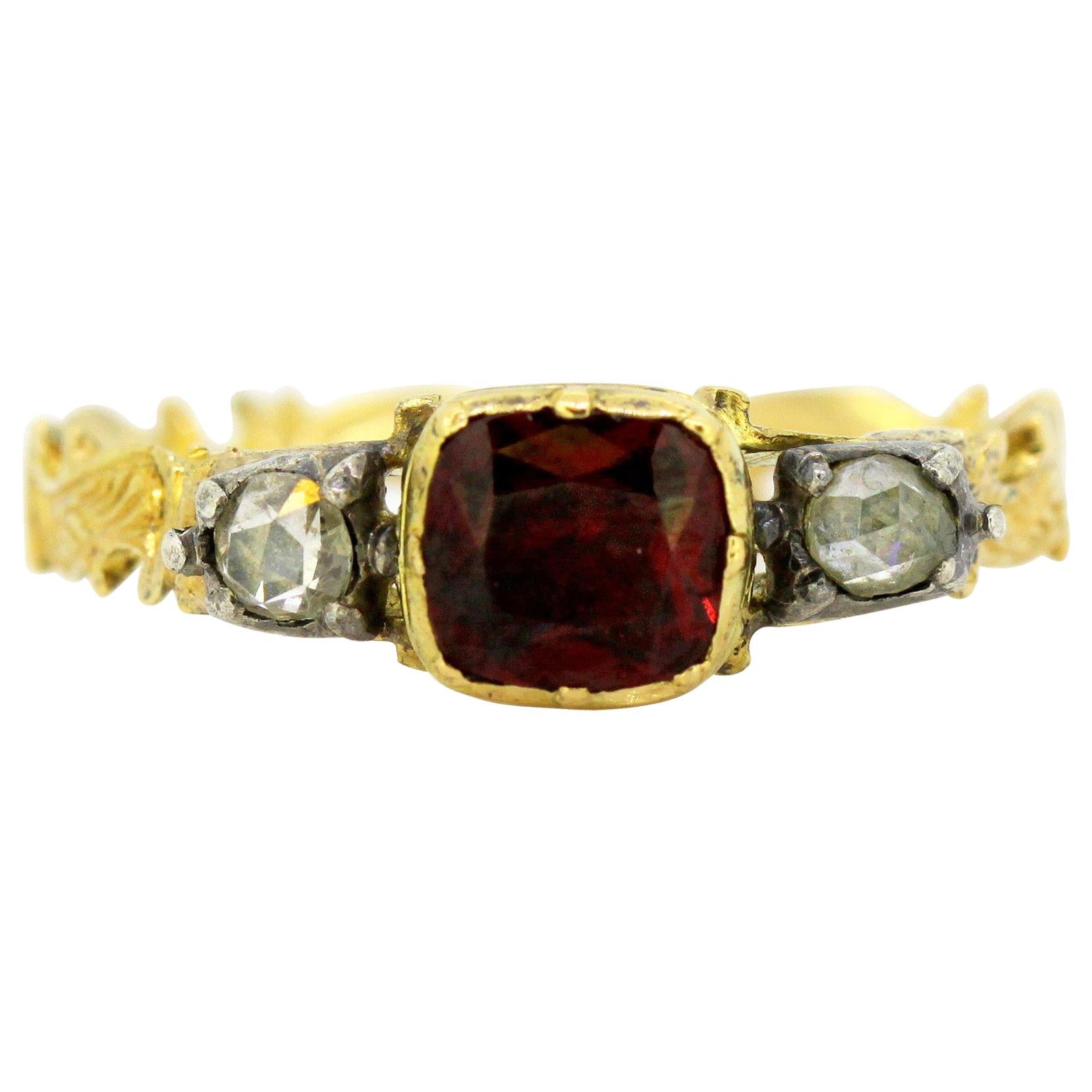 Antique Victorian 15 Karat Gold Ring with Ruby and Diamonds, England, 1860s