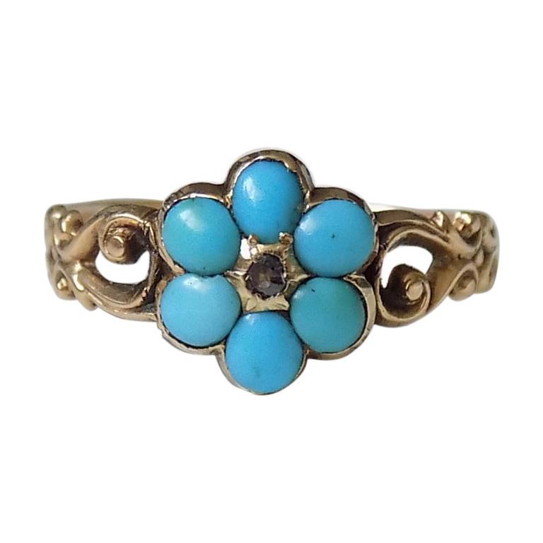Antique Victorian 15 Karat Gold Turquoise Diamond Forget Me Not Ring