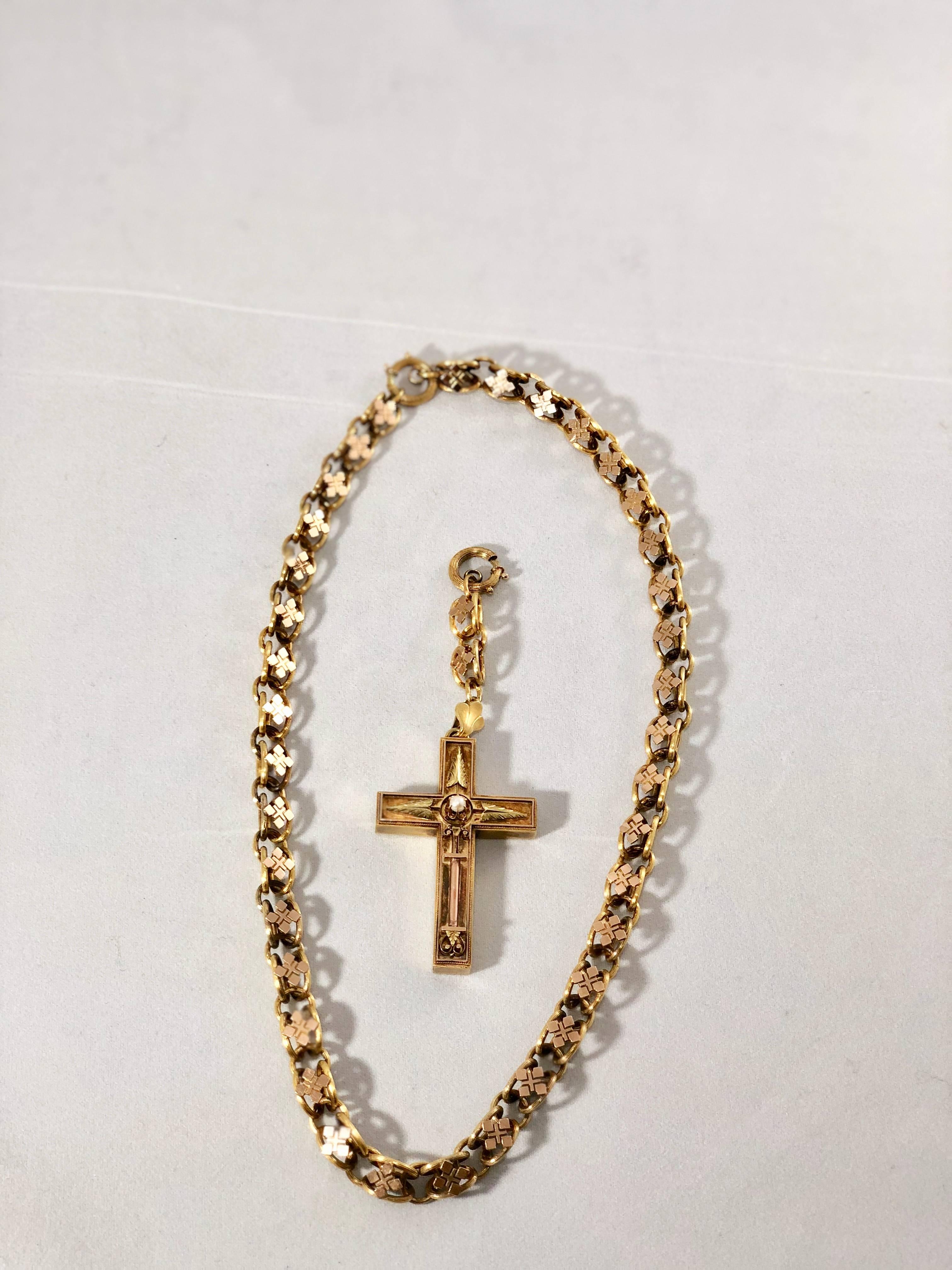 Antique Victorian 15 Karat Book Chain and Cross with Seed Pearl Pendant Necklace For Sale 5