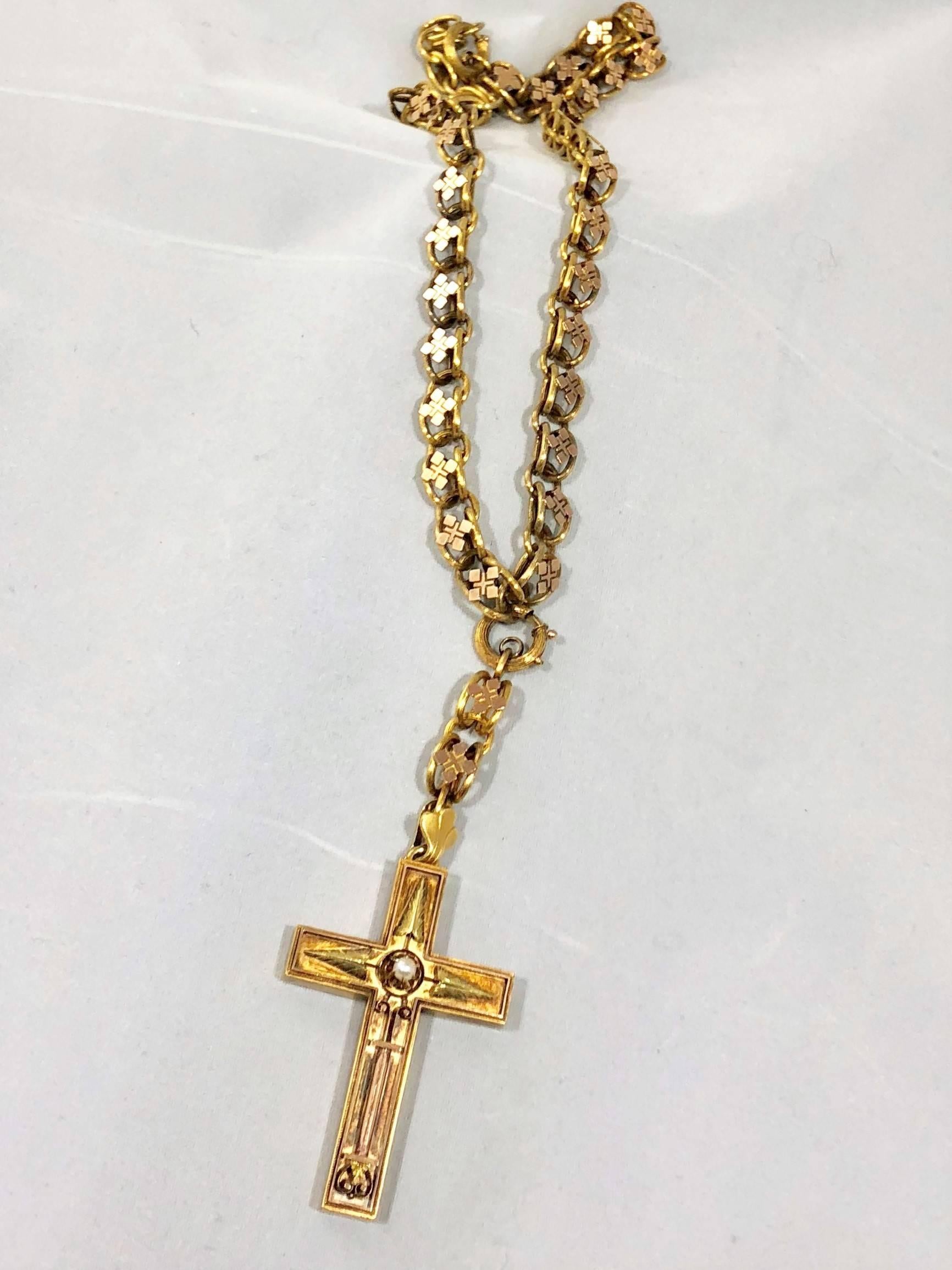 Antique Victorian 15 karat book chain and cross with seed pearl pendant necklace. This Exquisite piece of Art is a true antique, Victorian Circa Approx. 1800-1870. This one of a kind Victorian Book chain and removable cross pendant are handcrafted,