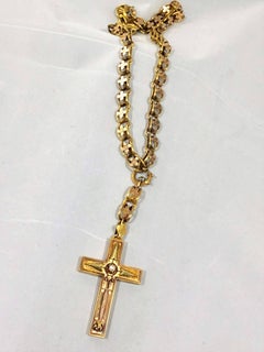 Antique Victorian 15 Karat Book Chain and Cross with Seed Pearl Pendant Necklace