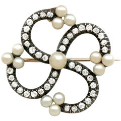Antique Victorian 1.50 Carat Diamond and Pearl Gold Brooch