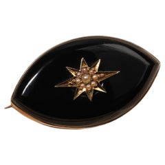 Antique Victorian 15ct & 9ct Gold Starburst Pearl Onyx Mourning Locket Brooch