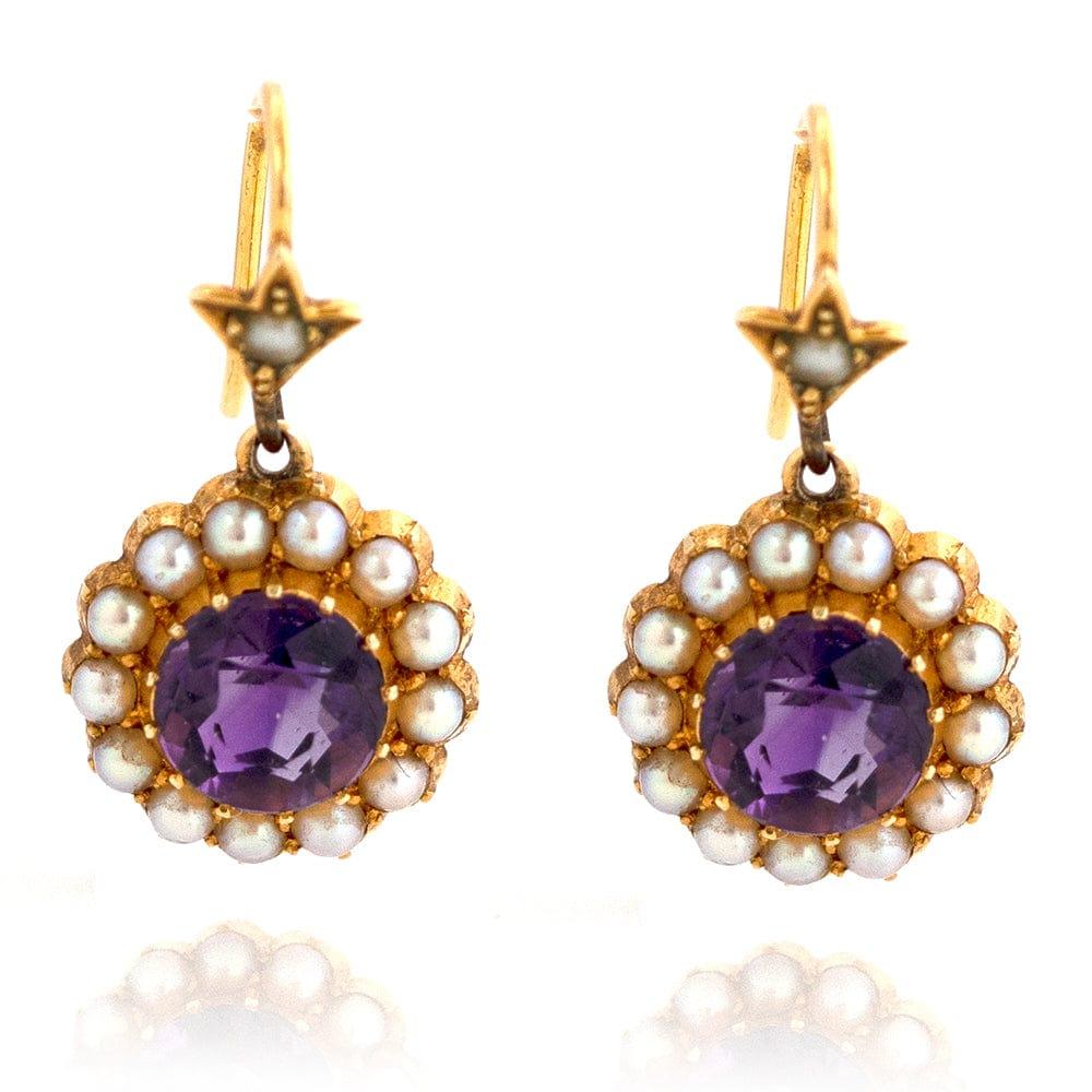 Mixed Cut Antique Victorian 15 Carat Amethyst Seed Pearl Drop Earrings