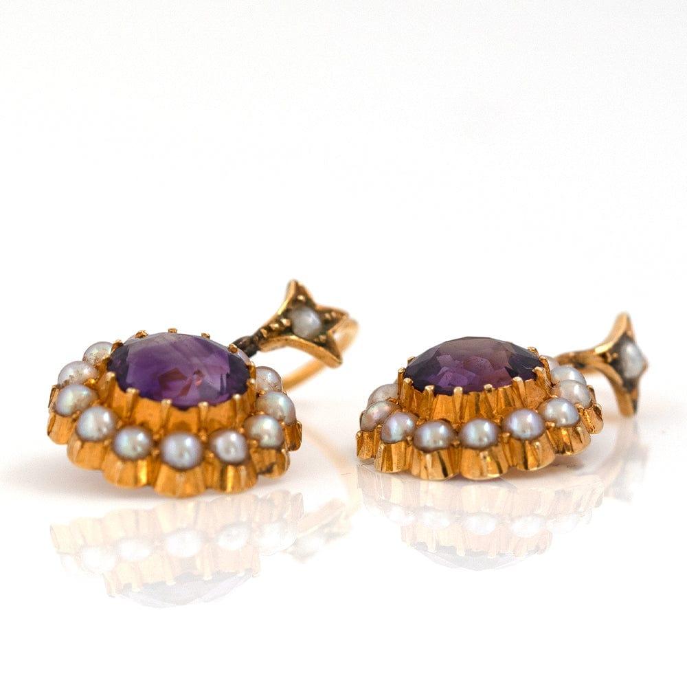 Antique Victorian 15 Carat Amethyst Seed Pearl Drop Earrings In Good Condition In London, GB