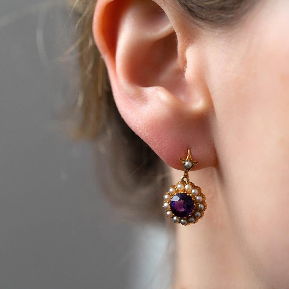 Antique Victorian 15 Carat Amethyst Seed Pearl Drop Earrings 2