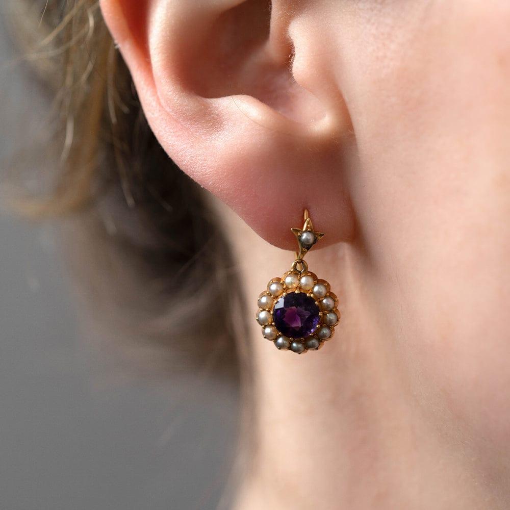 Antique Victorian 15 Carat Amethyst Seed Pearl Drop Earrings 3