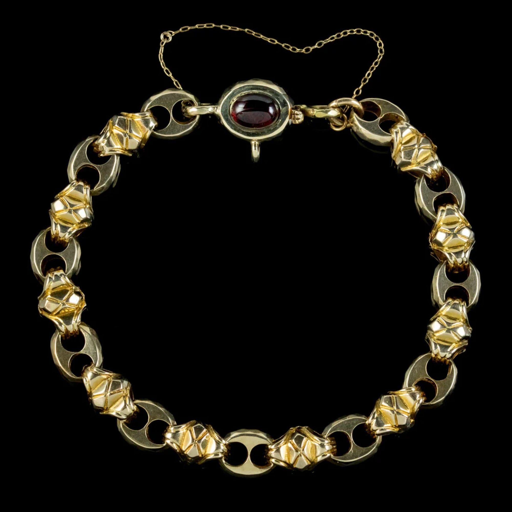 A stylish antique Victorian bracelet from the late 19th Century made up of beautiful, anchor/ fancy links fashioned in 15ct gold with chased patterning and faceted sides.

It’s in excellent condition and held securely around the wrist by a box clasp