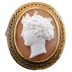 Antique camée victorien en or 15 carats sculpté de coquillages avec tête de femme figurative, vers 1890