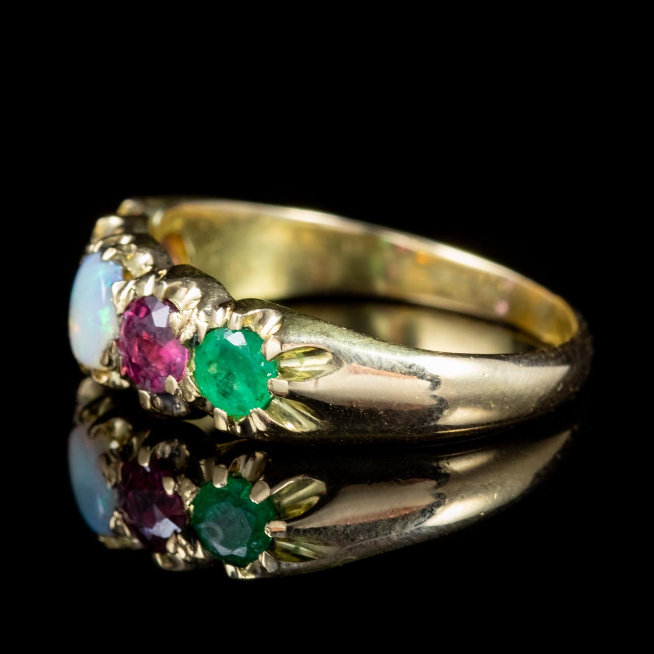 A beautiful antique Victorian 15ct Yellow Gold sentiment ring lined with a rainbow of Gemstones which are around 0.20ct each and spell out the word ‘Adore’ with each first letter of the stone – Amethyst, Diamond, Opal, Ruby, Emerald. 

Sentiment