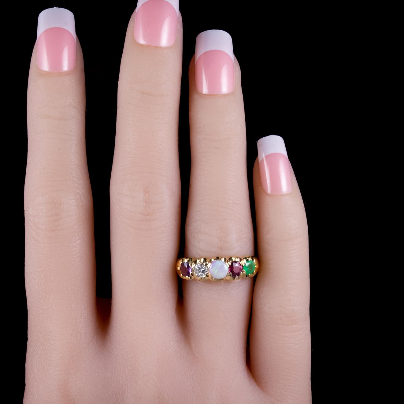 Antique Victorian 15 Carat Gold Gemstone Adore Ring, circa 1900 In Good Condition In Lancaster, Lancashire