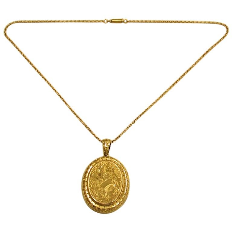 Antikes viktorianisches 15 Karat Gold Medaillon und Kette datiert, um 1880