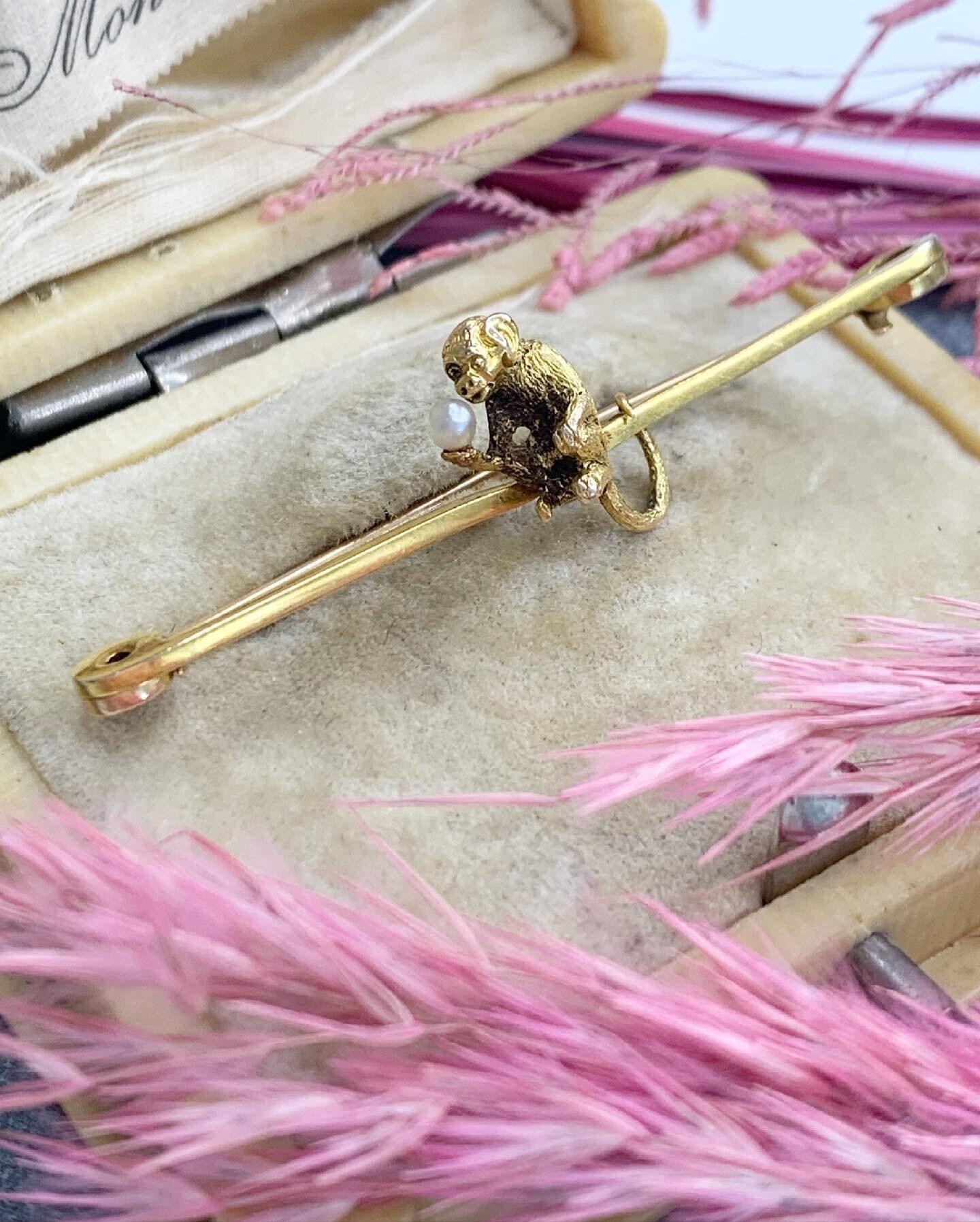 Antique Victorian 15ct Gold Monkey Brooch Holding a Beautiful Natural Seed Pearl For Sale 2