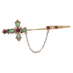 Antique Victorian 15ct Gold Old Cut Opal & Ruby Cross Design Jabot Pin Brooch Antique Victorian 15ct Gold Old Cut Opal & Ruby Cross Design Jabot Pin Brooch