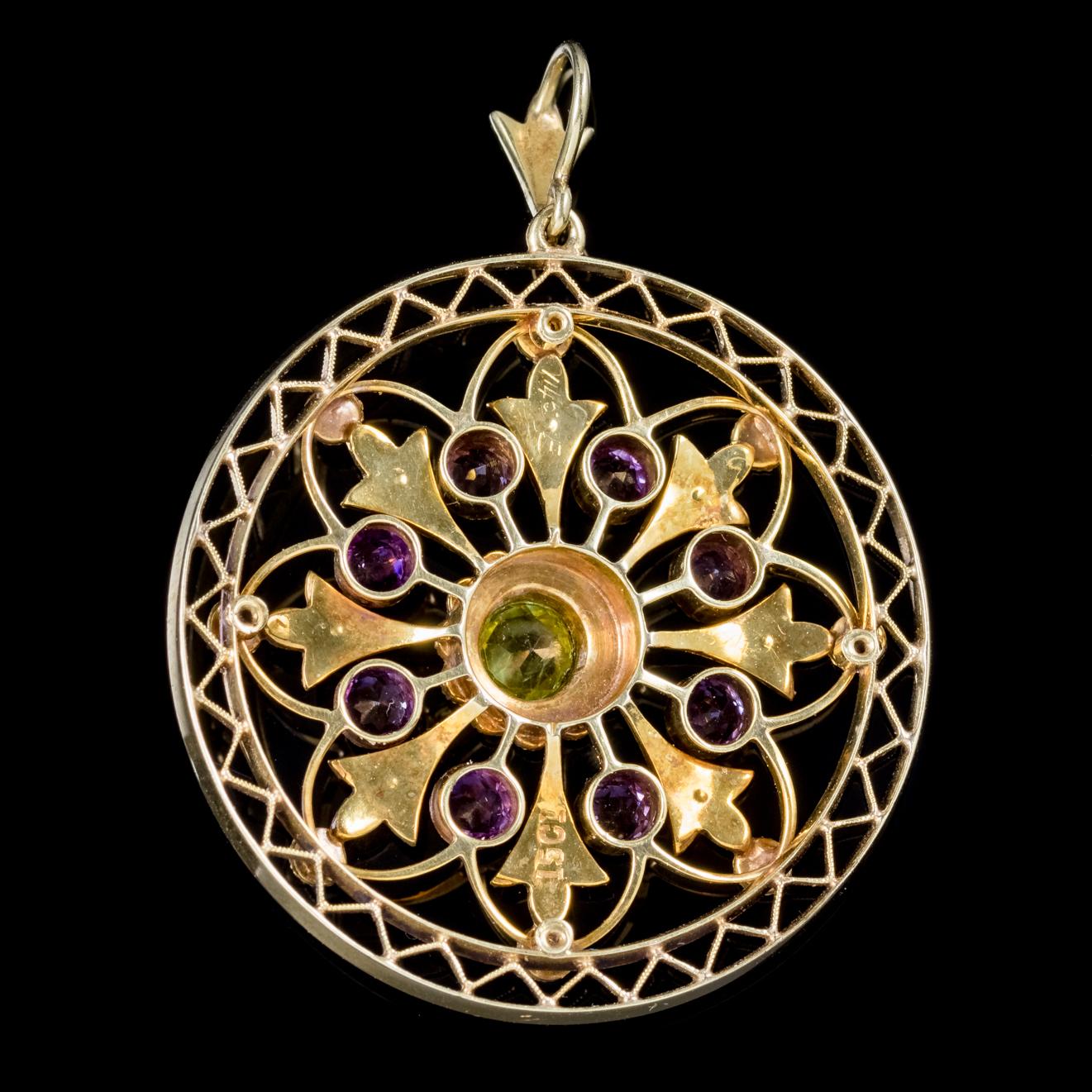 A stunning antique Victorian Suffragette pendant C. 1900, adorned with creamy white Pearls, eight violet Amethysts and a 0.25ct green Peridot in the centre. 

Suffragettes liked to be depicted as feminine, their jewellery popularly consisted of