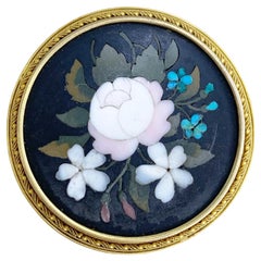 Broche victorienne ancienne en or 15ct Pietra Dura Mosaïque florale
