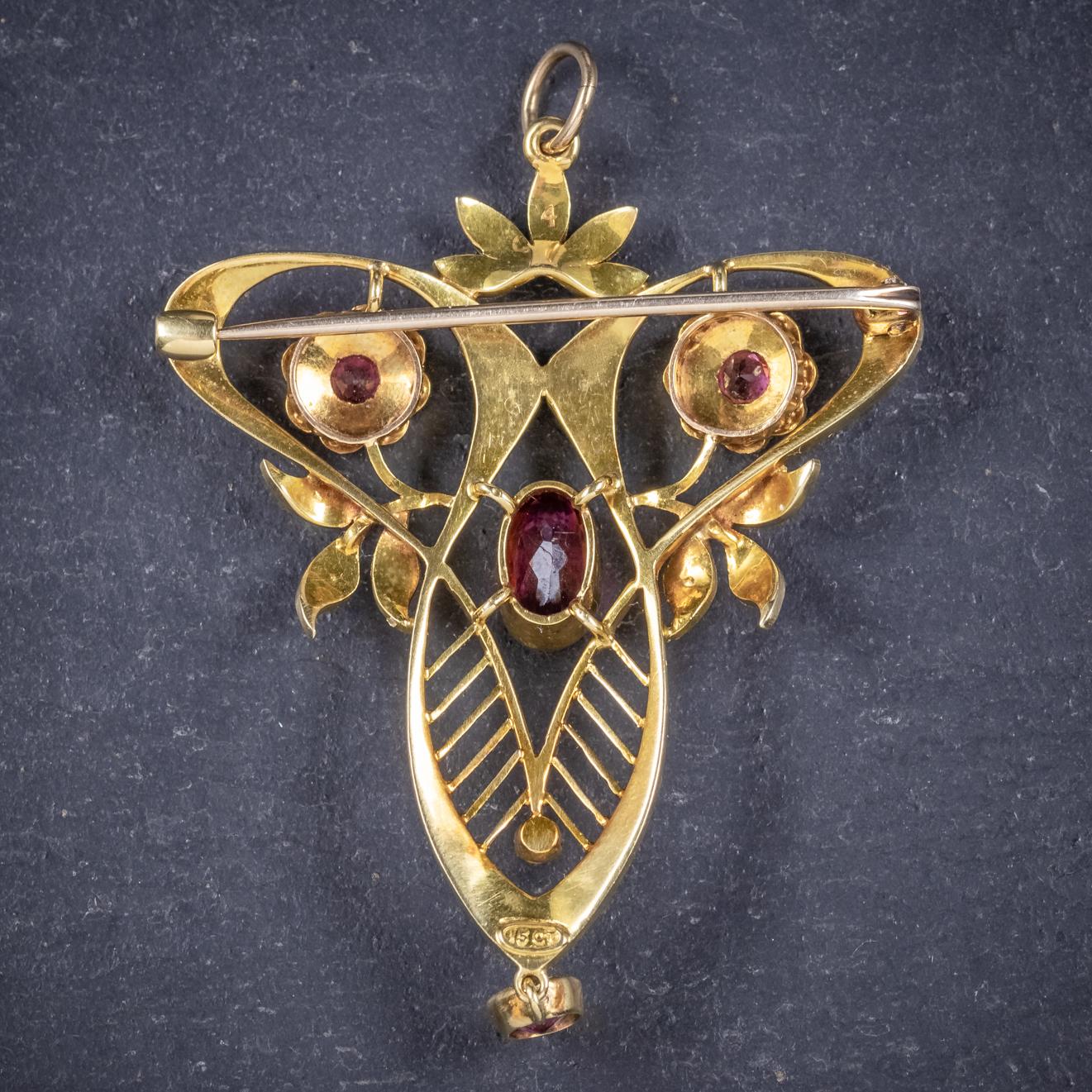 Antique Victorian 15 Carat Gold Pink Tourmaline Pearl circa 1900 Pendant Brooch In Good Condition In Lancaster , GB