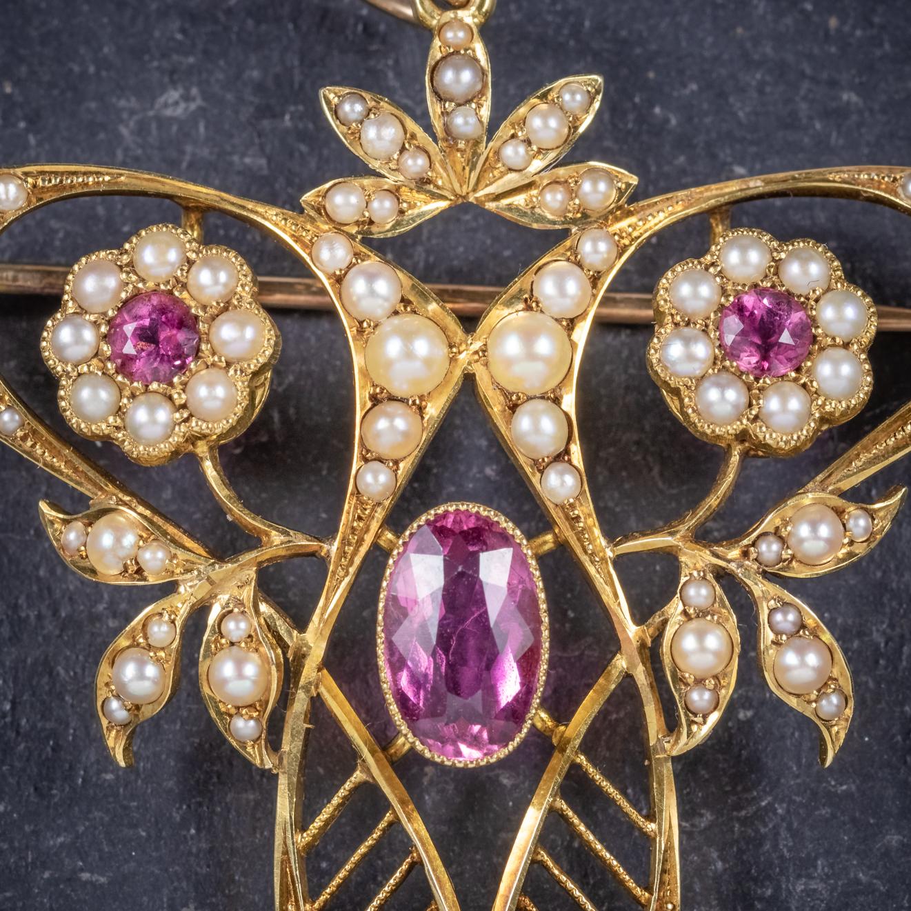 Antique Victorian 15 Carat Gold Pink Tourmaline Pearl circa 1900 Pendant Brooch 1