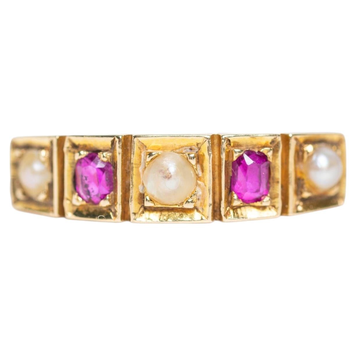 Antique Victorian 15ct Gold Ruby & Pearl Ring For Sale