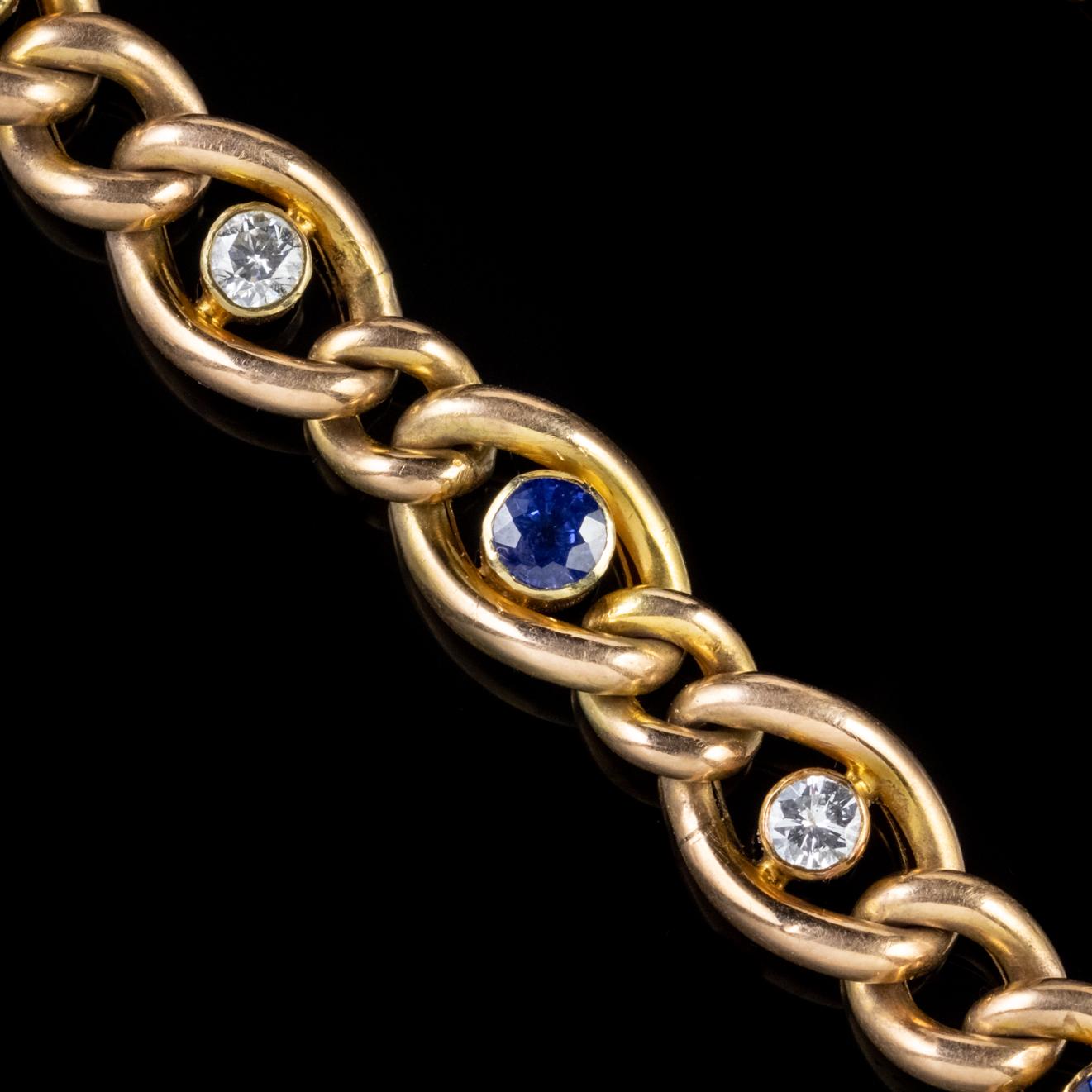 Old European Cut Antique Victorian 15 Carat Gold Sapphire Diamond Bracelet, circa 1900 For Sale