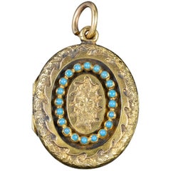 Antique Victorian 15 Carat Gold Turquoise Forget Me Not Locket, circa 1880