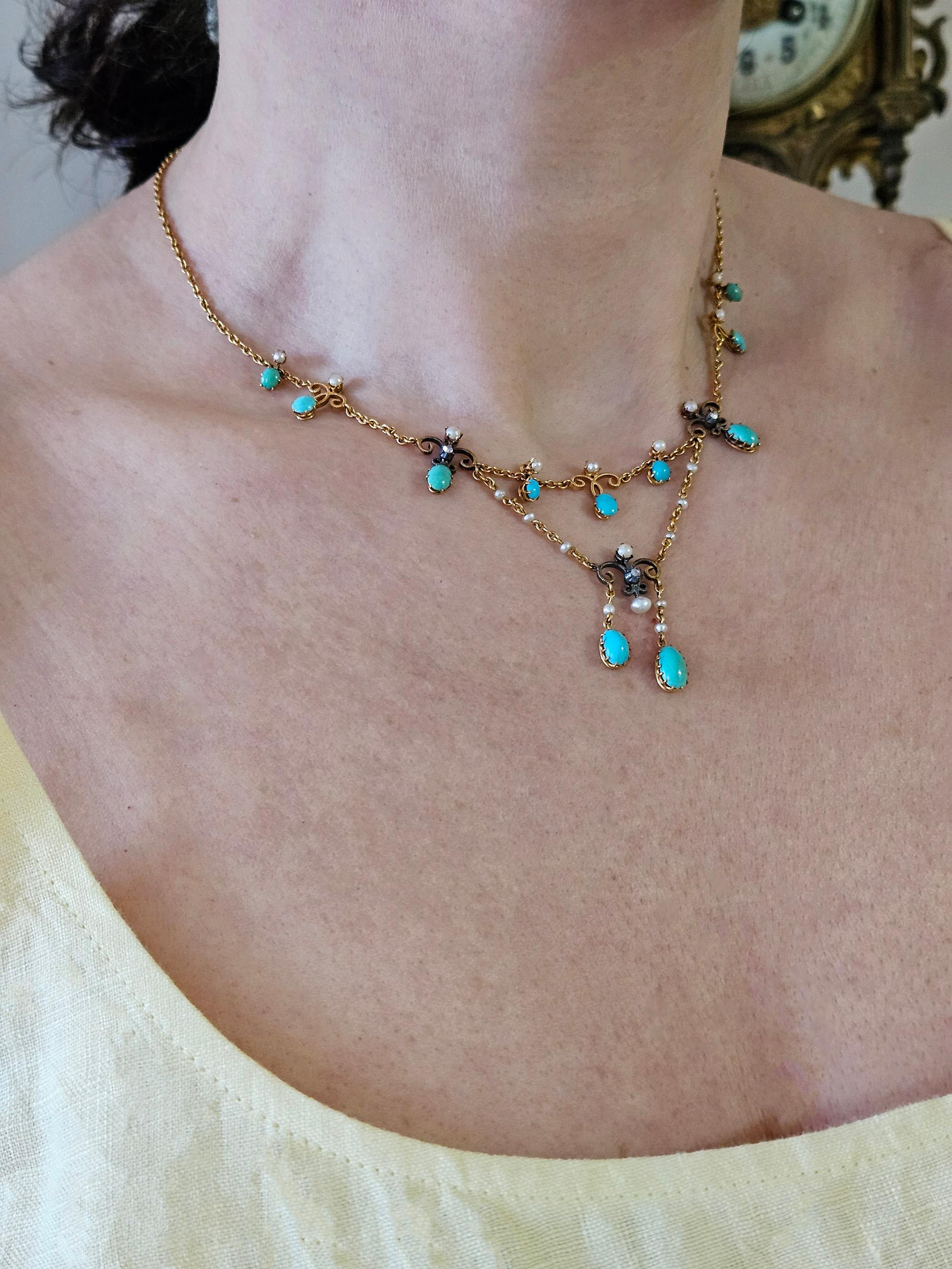 Antique Victorian 15ct Gold Turquoise Pearl Diamond Swag Necklace in Fitted Box en vente 4