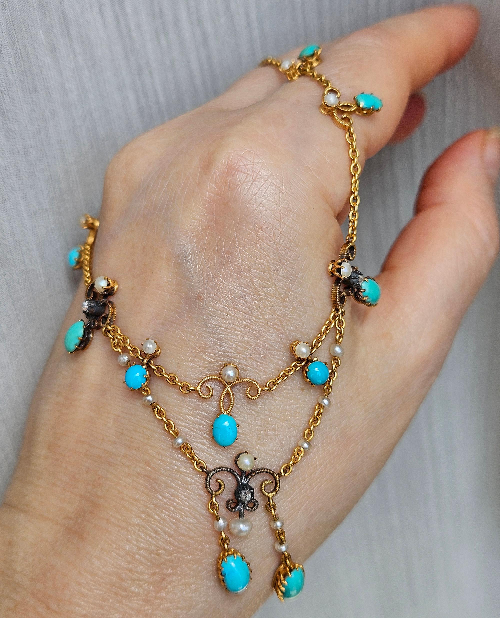Antique Victorian 15ct Gold Turquoise Pearl Diamond Swag Necklace in Fitted Box en vente 5