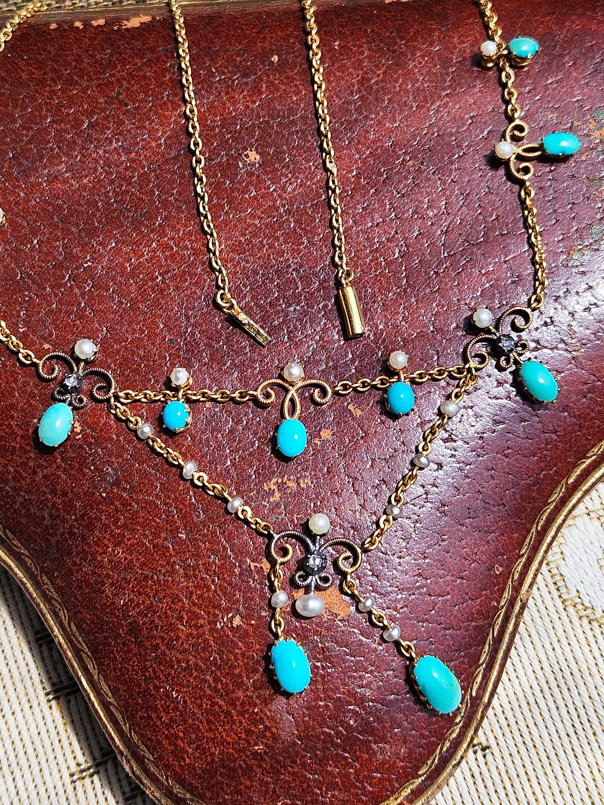 Antique Victorian 15ct Gold Turquoise Pearl Diamond Swag Necklace in Fitted Box en vente 7