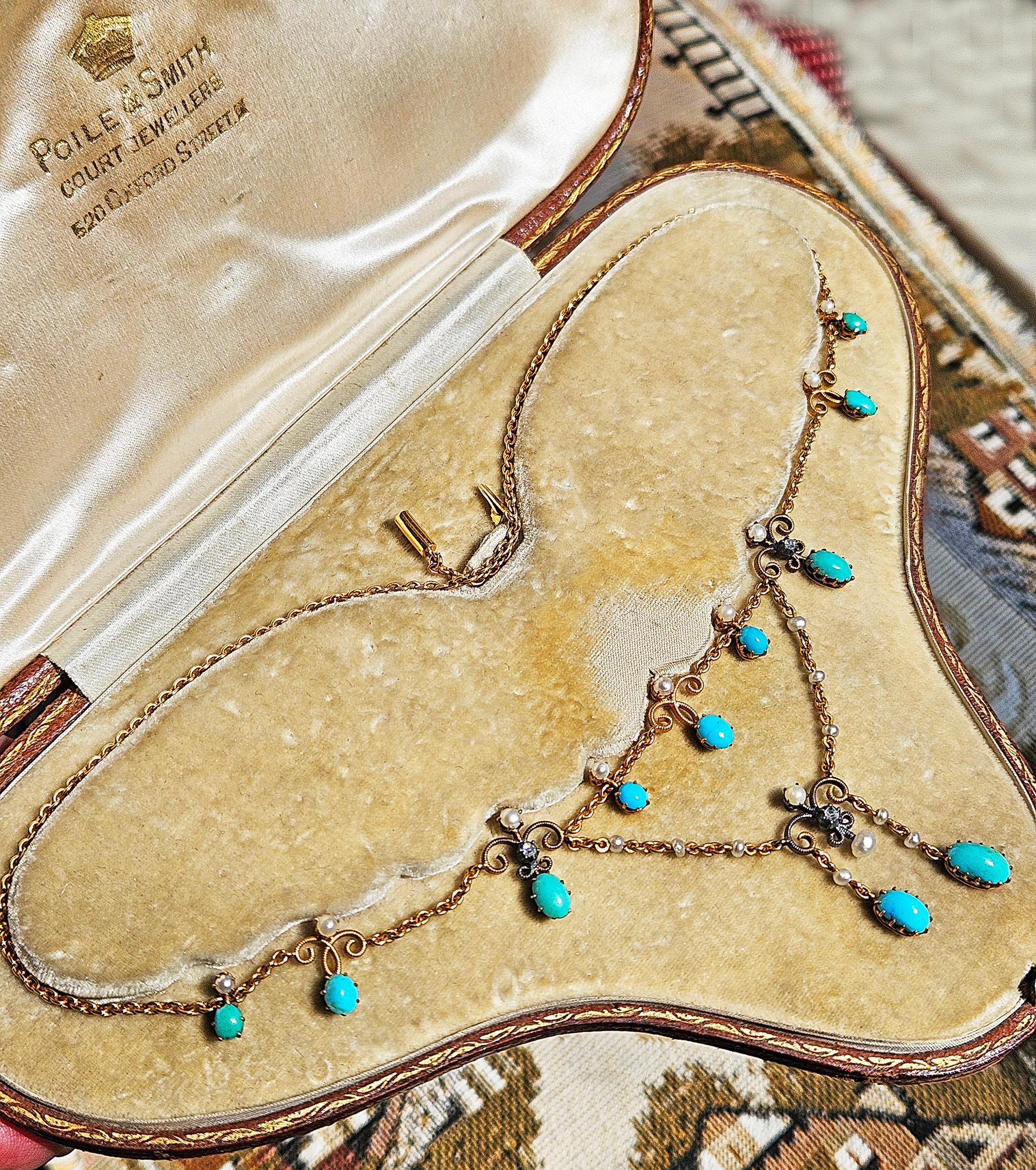 Antique Victorian 15ct Gold Turquoise Pearl Diamond Swag Necklace in Fitted Box en vente 11